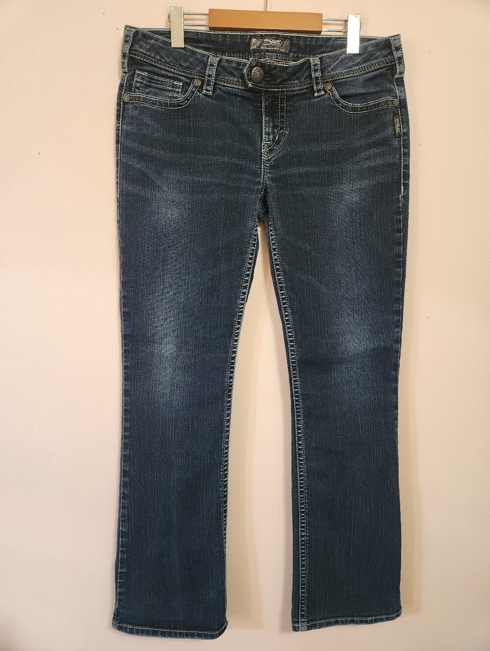 Y2K Silver Jeans Co Tuesday Flap Distressed Low Rise Bootcut Blue Denim Size 33